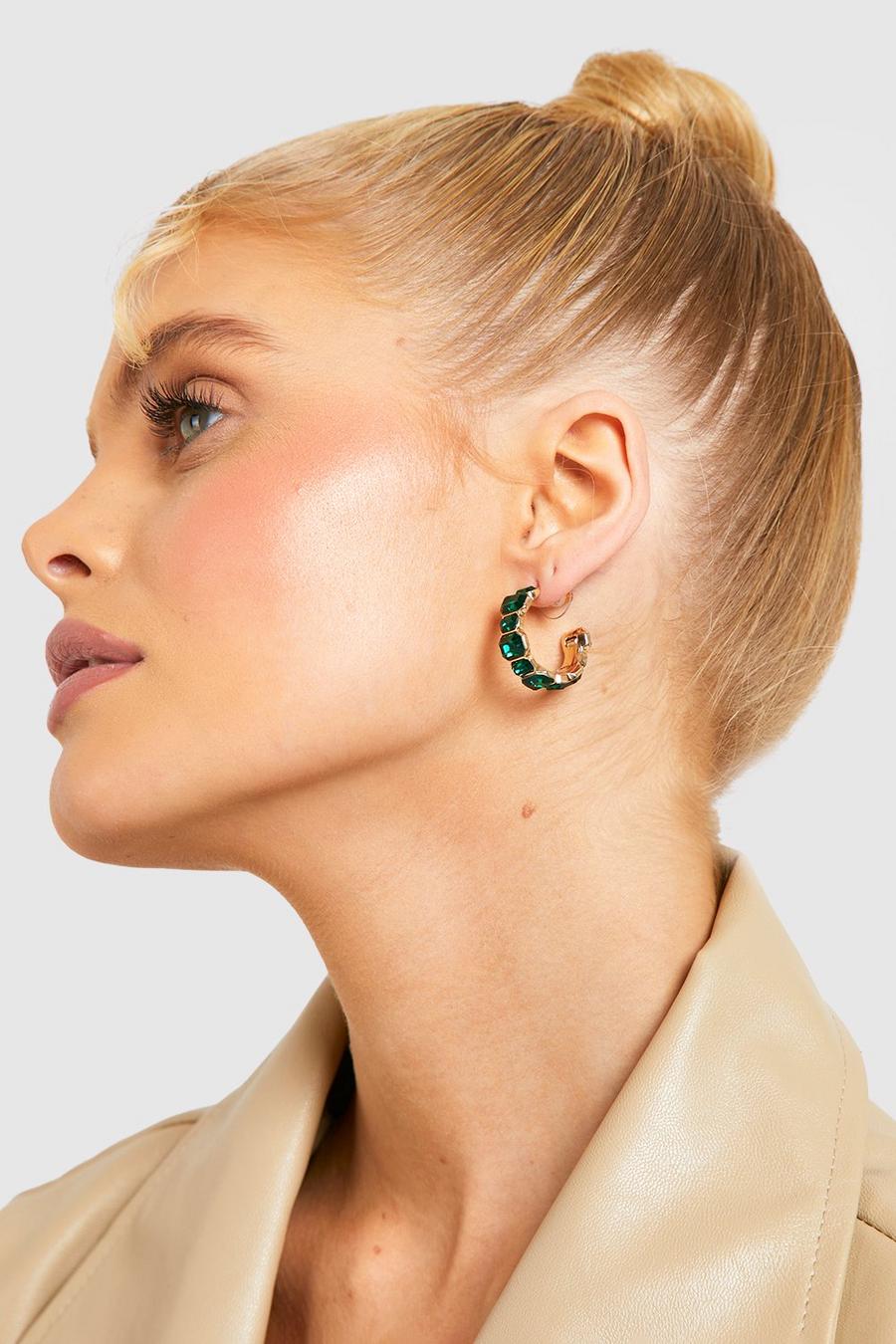 Green Emerald Row Half Hoop Earrings