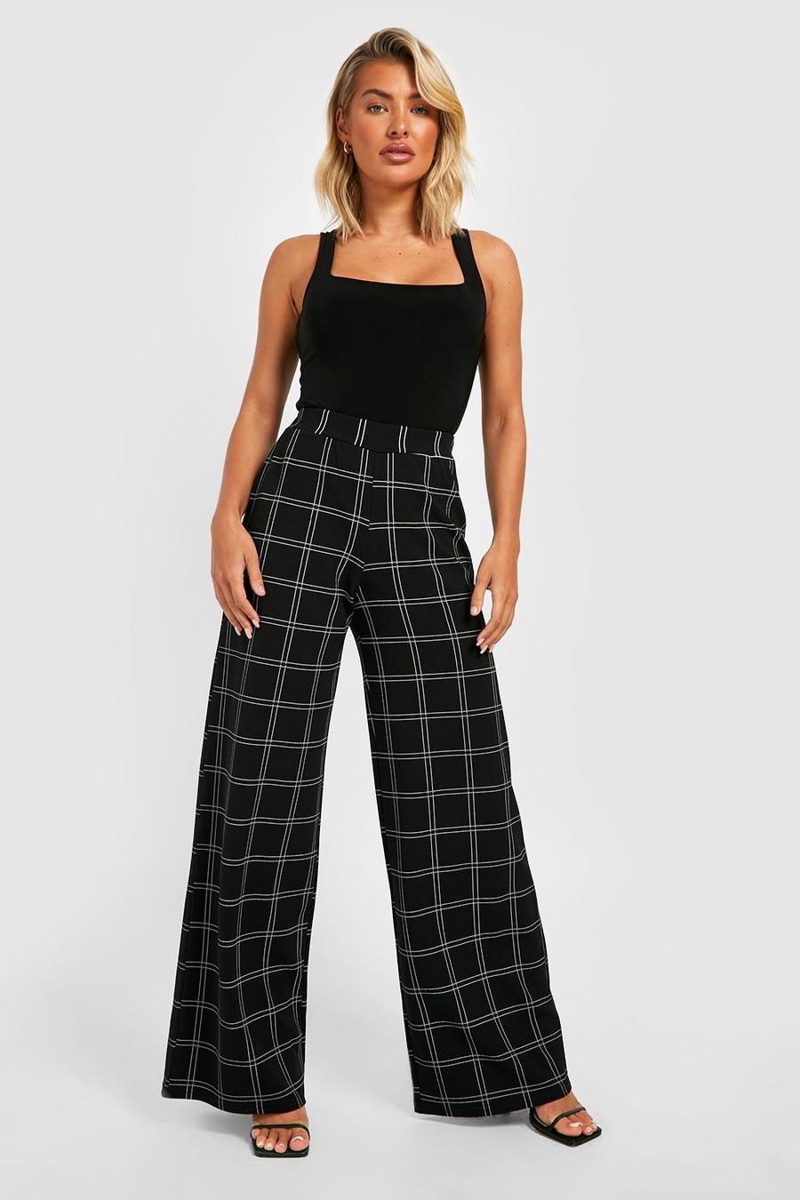 Black Grid Check High Waisted Crepe Wide Leg Trousers image number 1