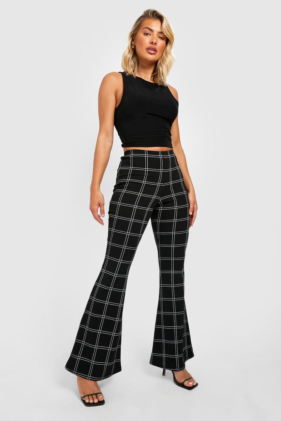 Black Grid Check High Waisted Flared Trousers image number 1