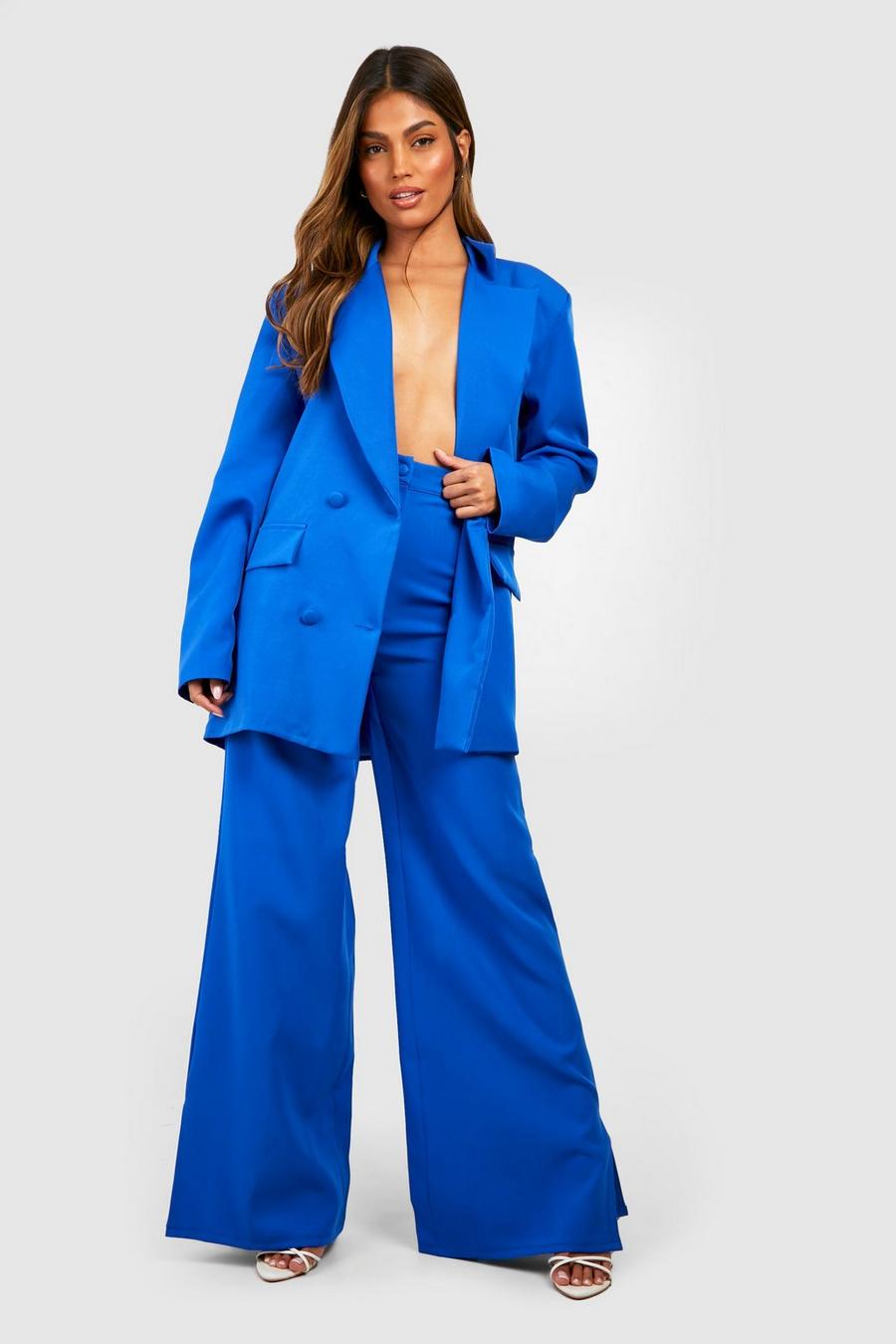 Pantalón entallado de pernera ancha con abertura frontal, Cobalt azul