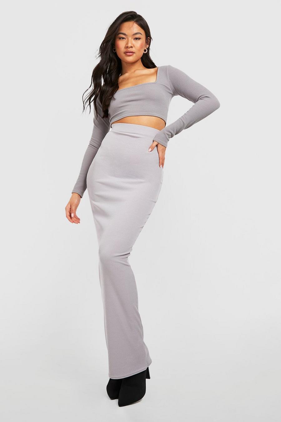 Off white Basic Ribbed Floor Length Maxi Skirt image number 1