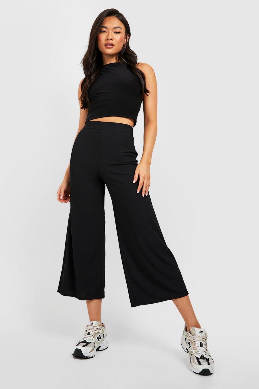 Black Basic Ribbed High Waisted Culotte Trousers