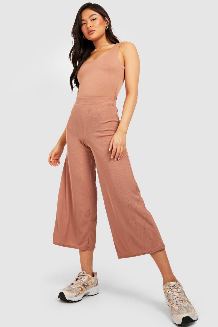 Fawn beige Basic Ribbed High Waisted Culotte Pants