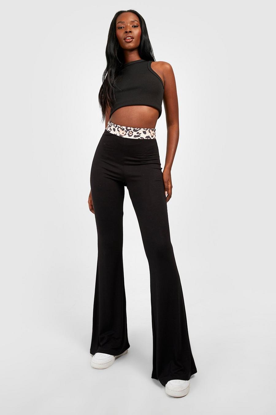 Black Leopard Waistband Flared Trousers  image number 1