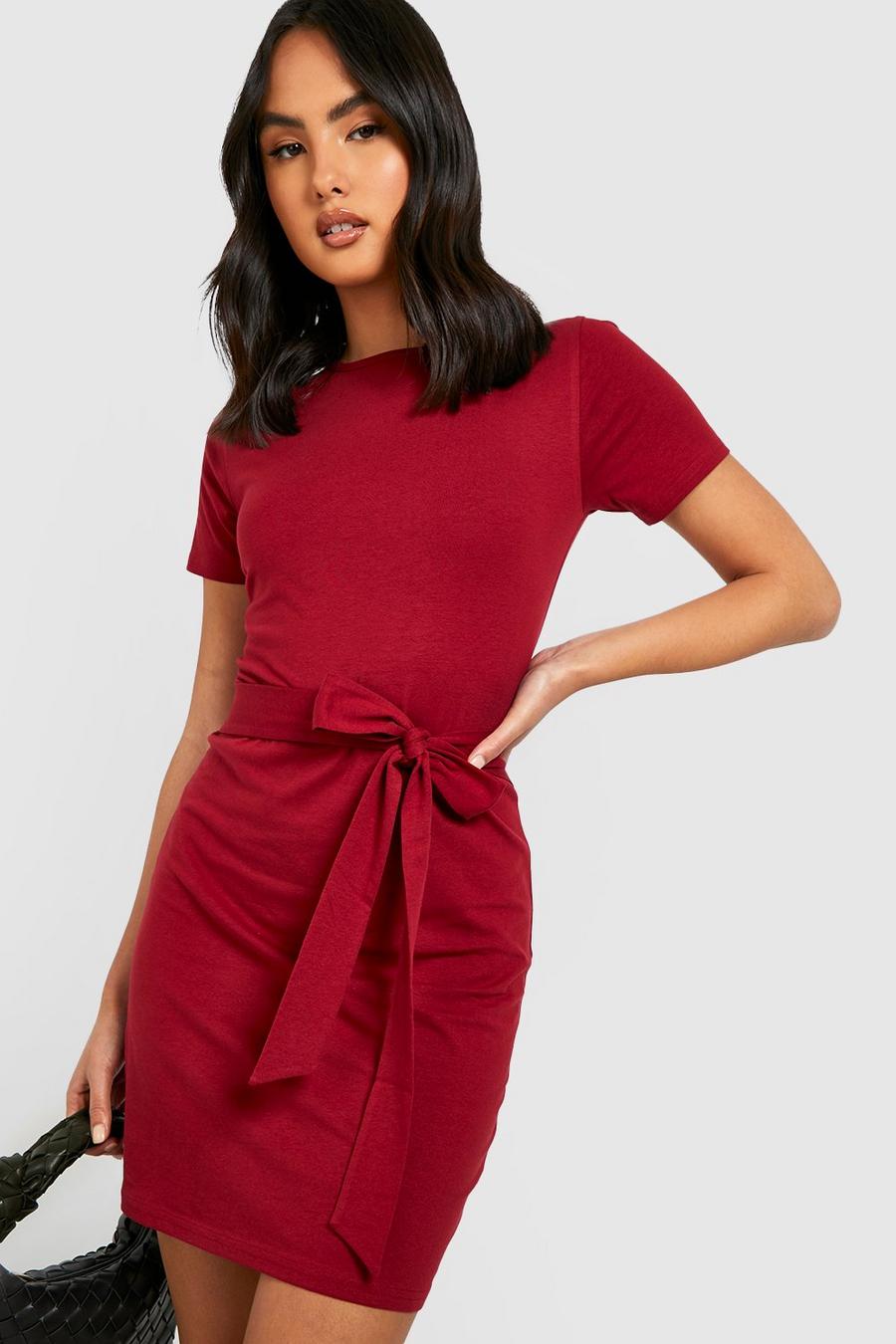 Berry red Short Sleeve Tie Waist T-shirt Dress 
