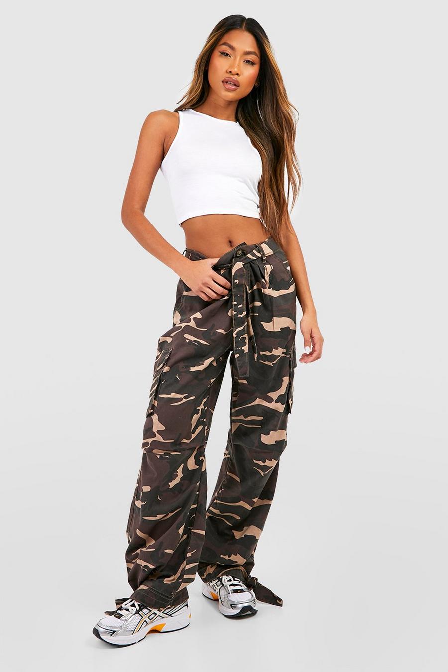 Washed khaki Belted Camo Tie Hem Baggy Cargo Pants