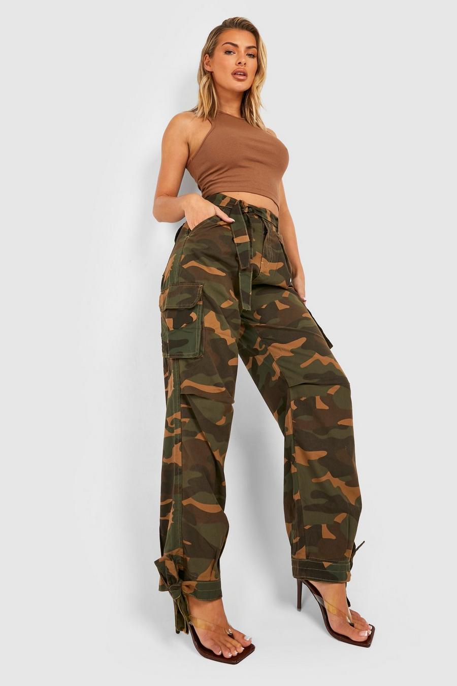 Pantaloni Cargo extra comodi in fantasia militare scura con cintura e laccetti sul fondo, Khaki caqui