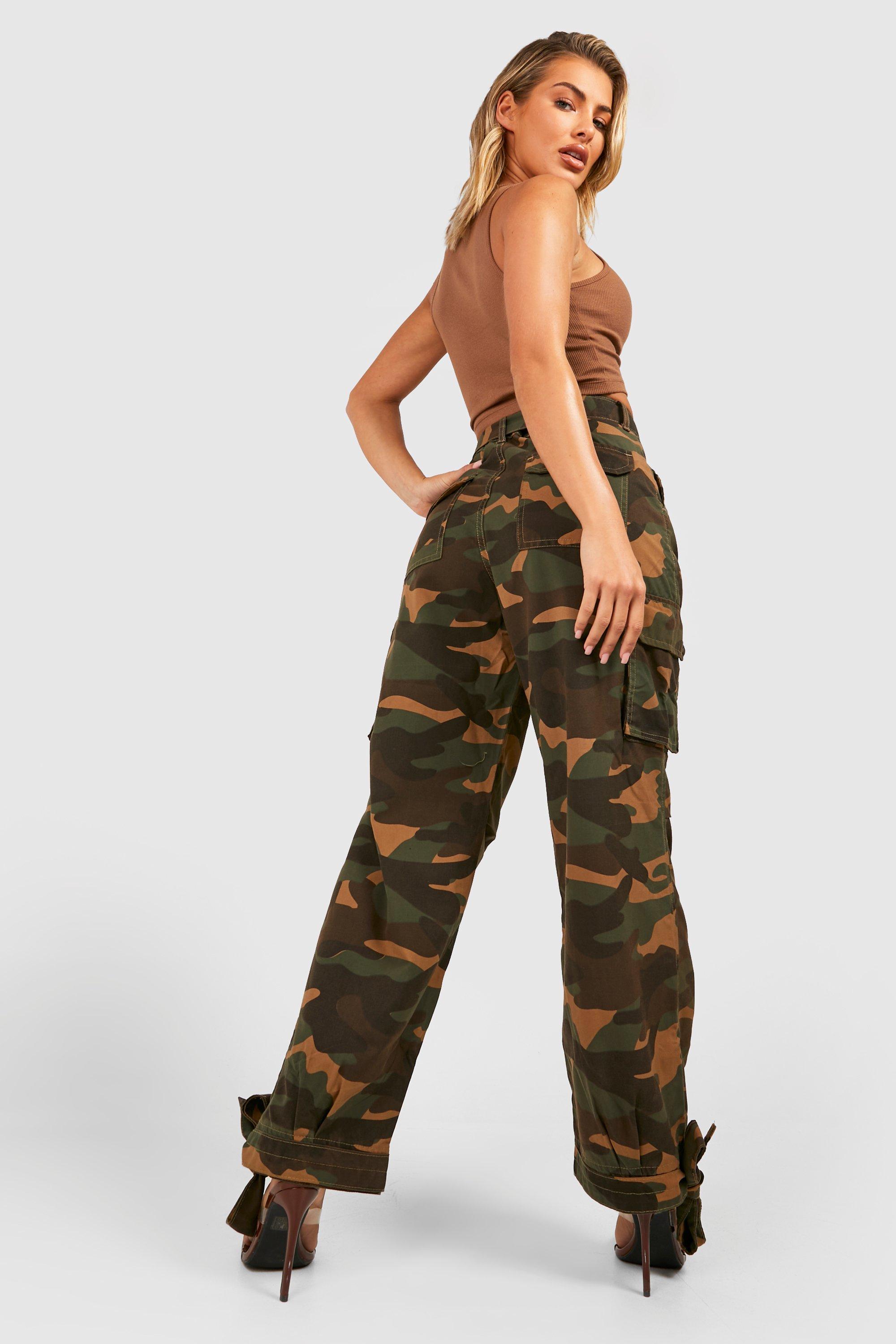 Belted Dark Camo Tie Hem Baggy Cargo Pants