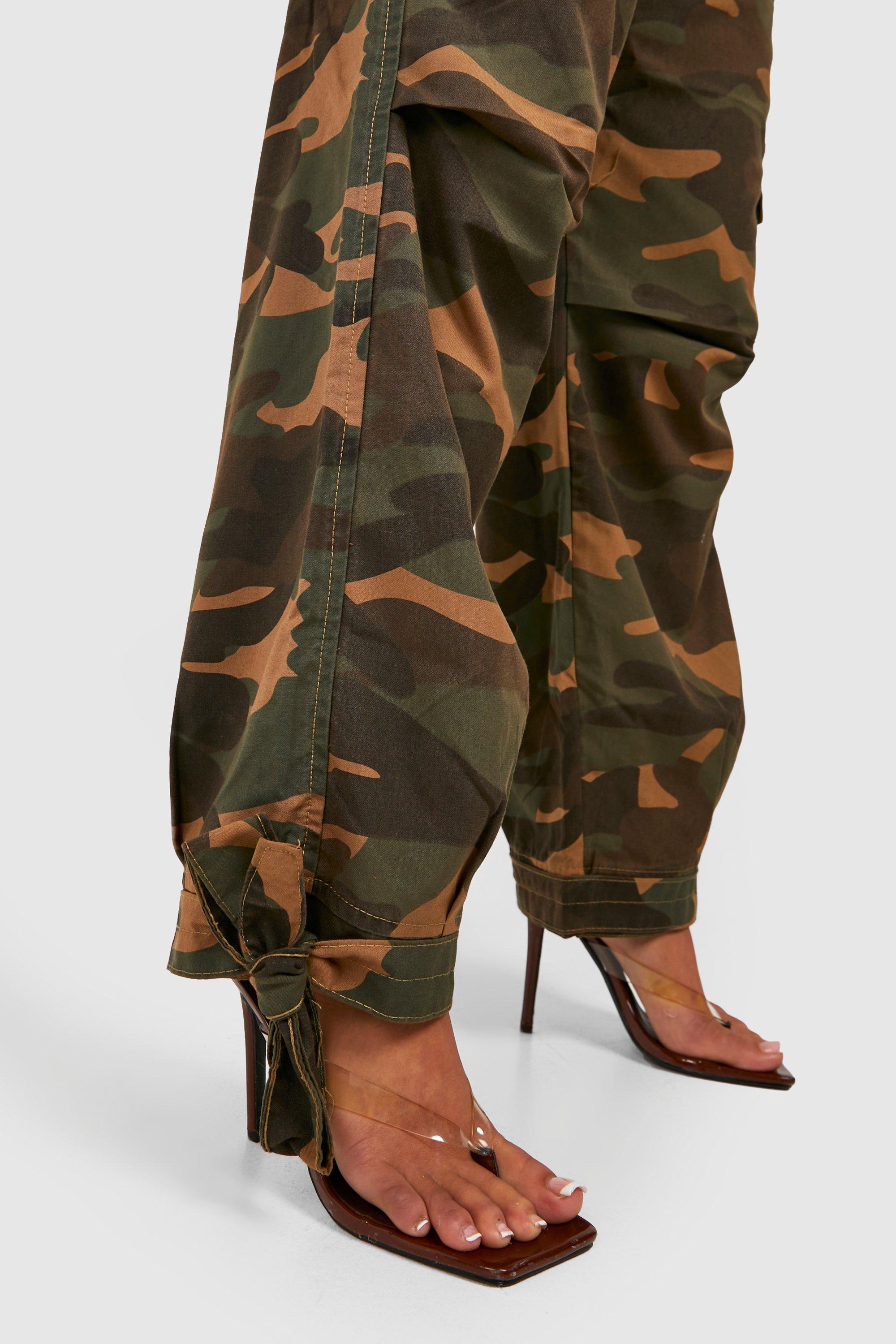 Belted Dark Camo Tie Hem Baggy Cargo Pants