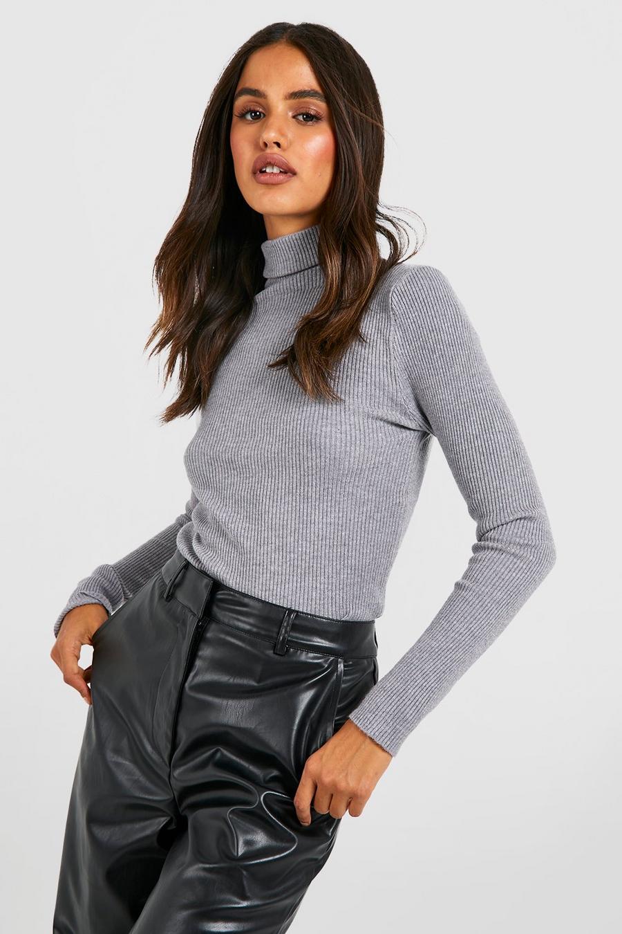 Grey Basic Roll Neck Knitted Jumper