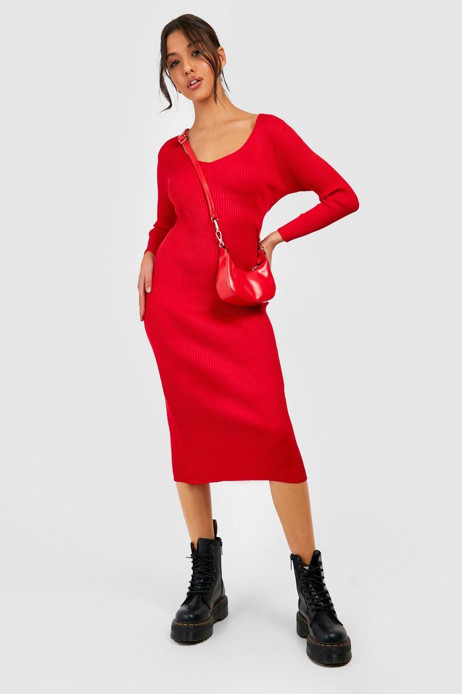 Red Rib Knitted Midaxi Dress image number 1