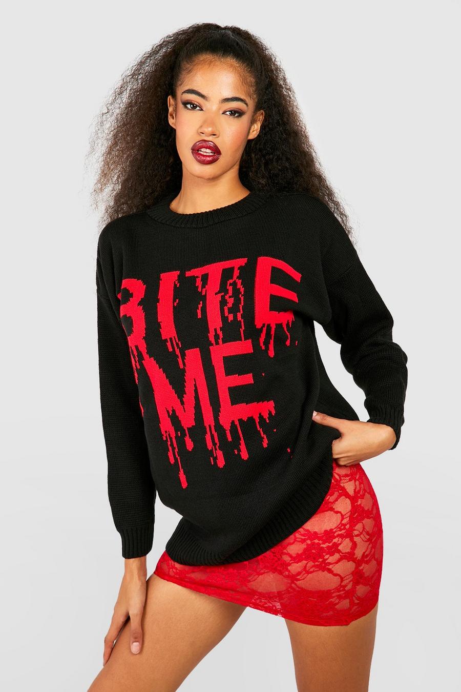 Maglione di Halloween con slogan Bite Me, Black nero image number 1