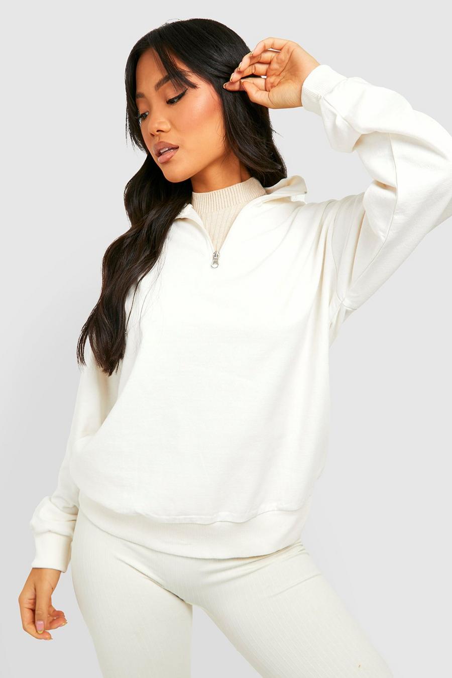Petite Mix & Match Basic Sweatshirt mit halbem Reißverschluss, Ecru blanc