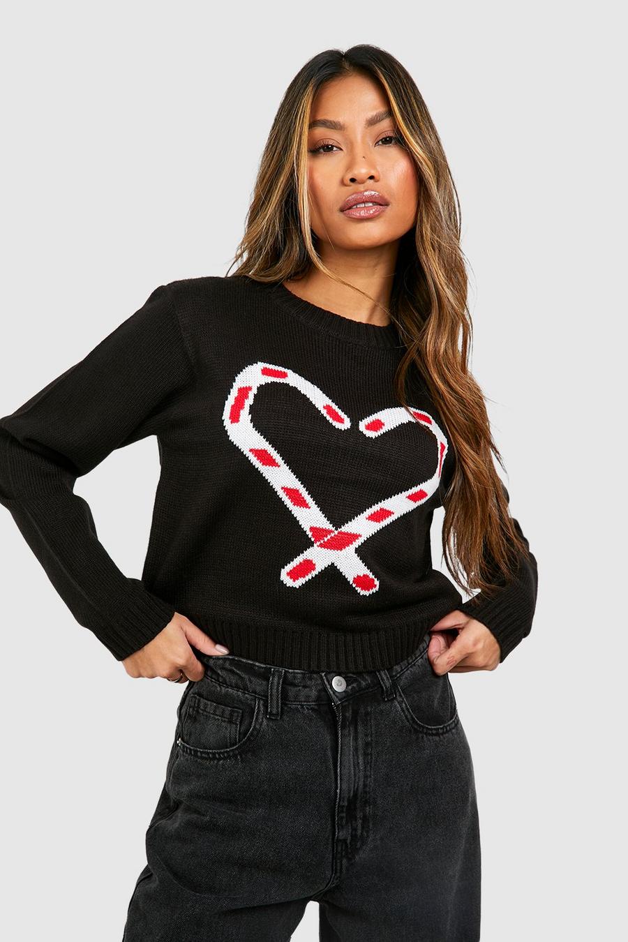 Black Candy Cane Crop Christmas Sweater