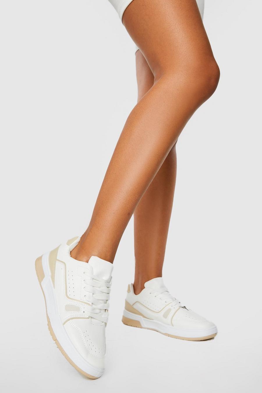 Zapatillas deportivas planas con panel, White blanco