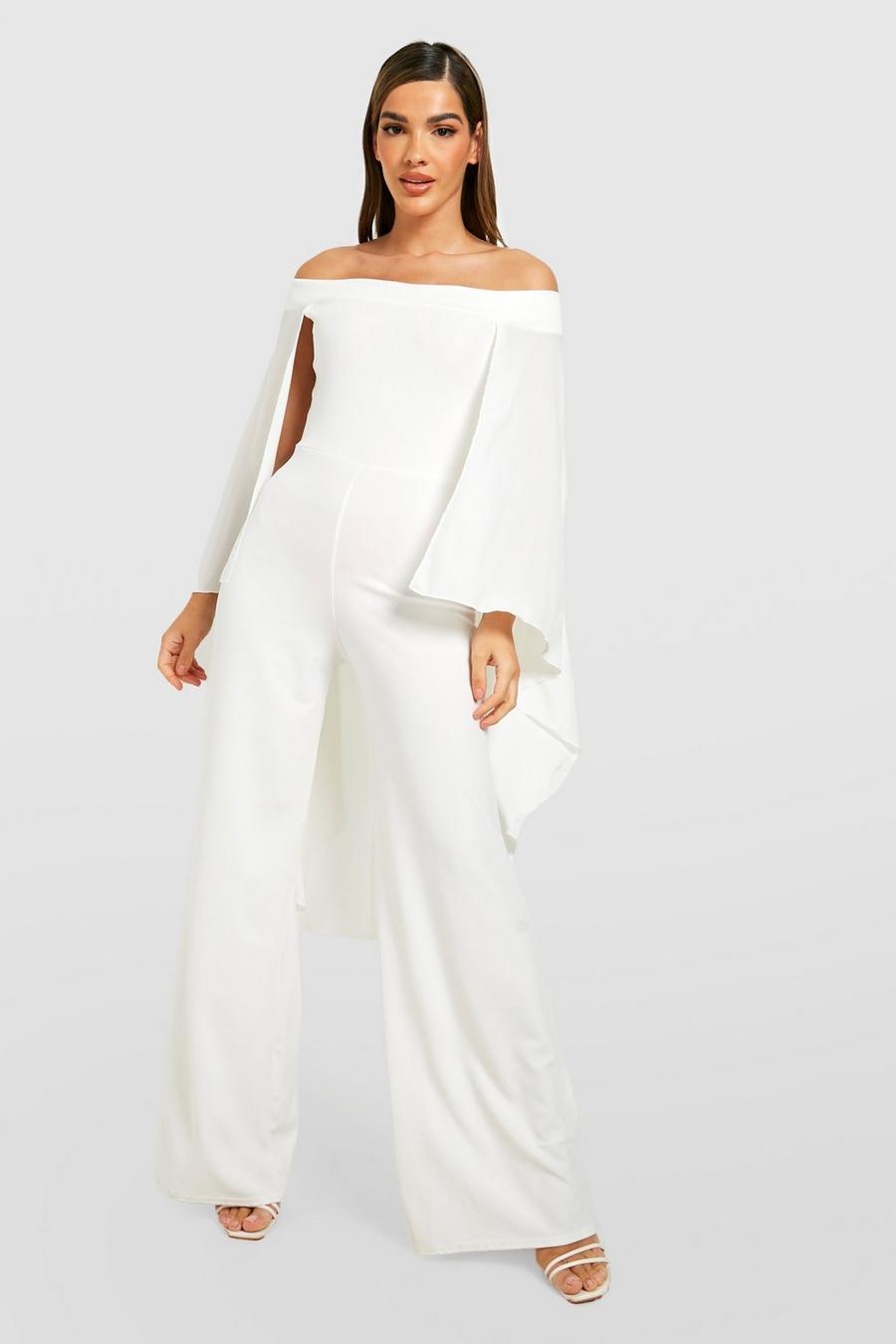Cream white Off The Shoulder Wide Leg Extreme Cape Jumpsuit image number 1