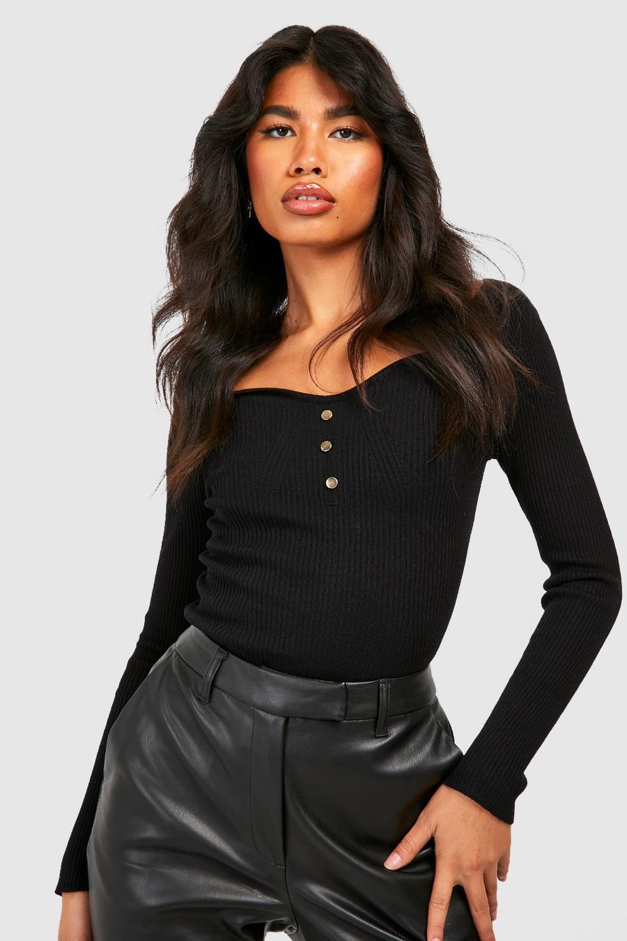 Black Sweetheart Neckline Button Rib Knit Top image number 1