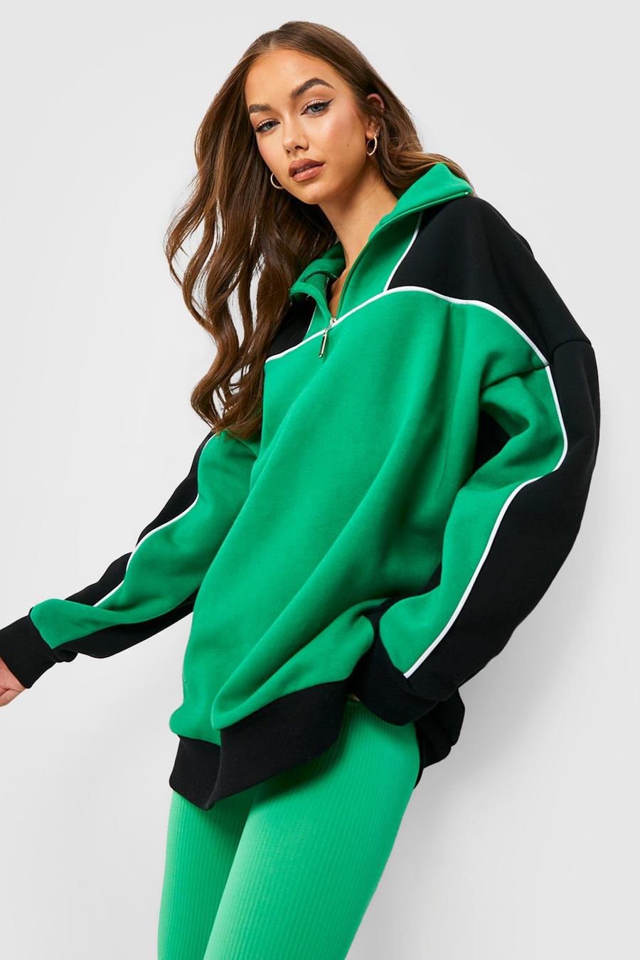 Green Color Block Half Zip Sweater image number 1