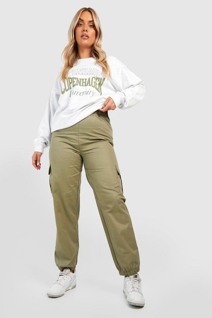 זית מכנסי טרנינג בגזרה גבוהה עם כיסי דגמ"ח, מידות גדולות image number 1