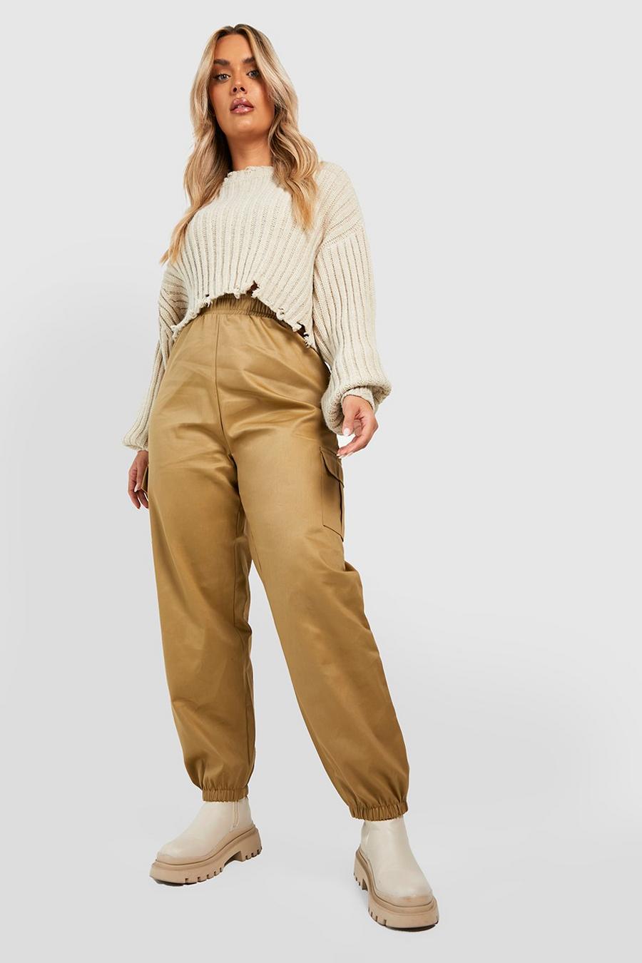Stone beis Plus High Waisted Cargo Pocket Joggers