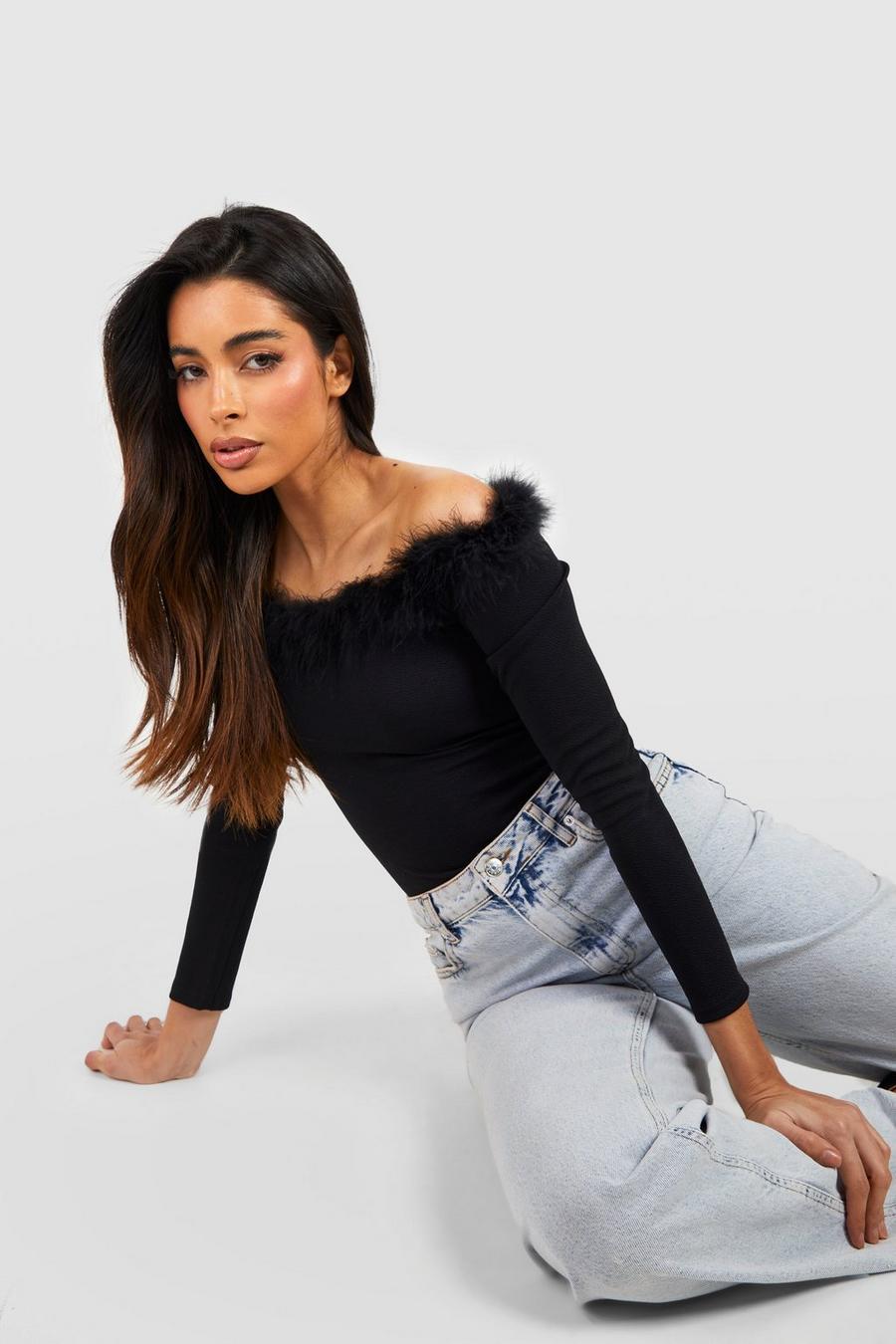 Black Off The Shoulder Feather Rib Top