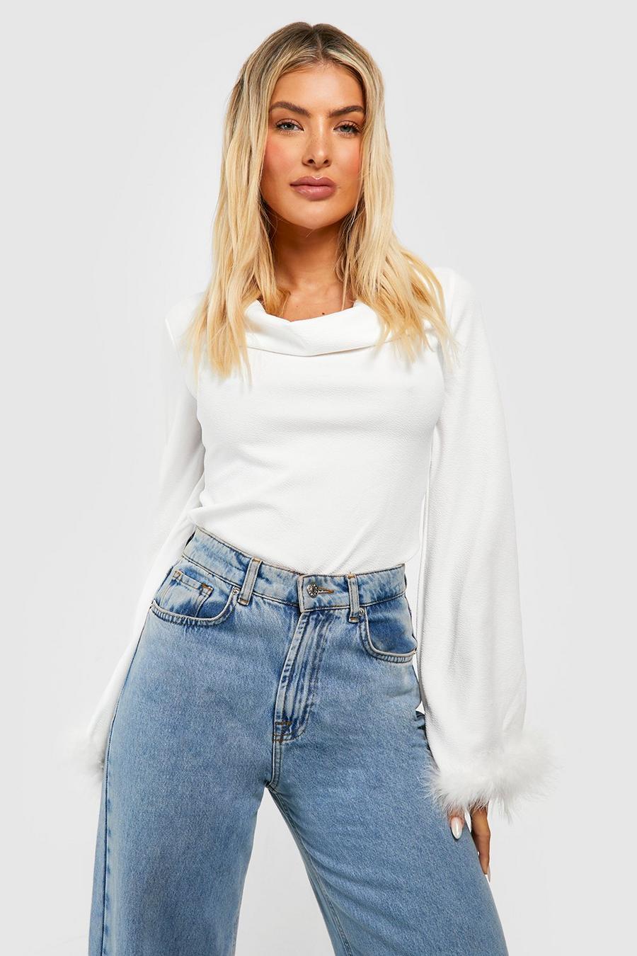White Cowl Neck Feather Trim Sleeve Blouse image number 1