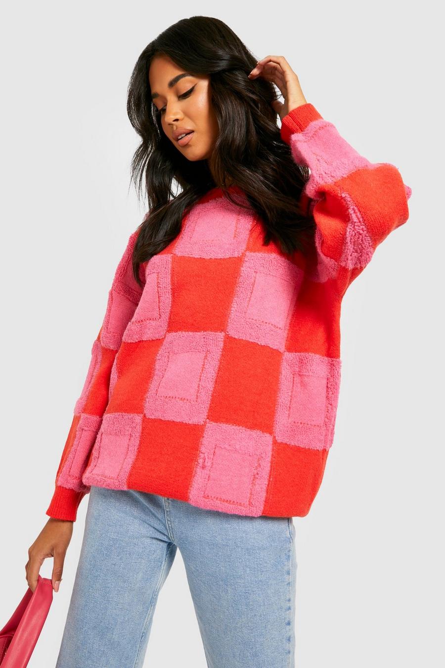 Red Textured Check Oversized Jumper image number 1