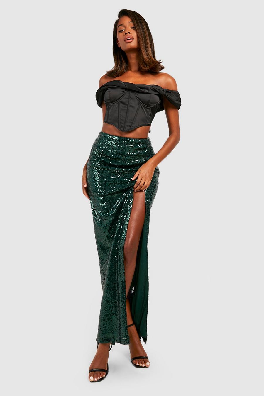 Green Side Split Sequin Maxi Skirt image number 1