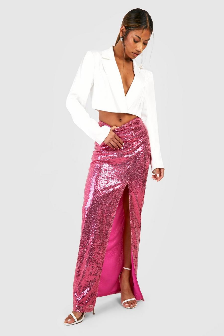 Pink rosa Side Split Sequin Maxi Skirt