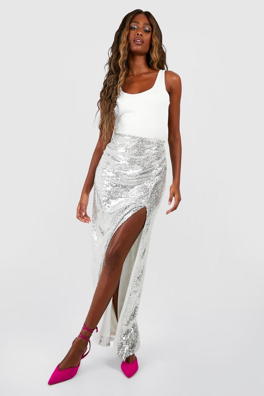 Silver Side Split Sequin Maxi Skirt image number 1