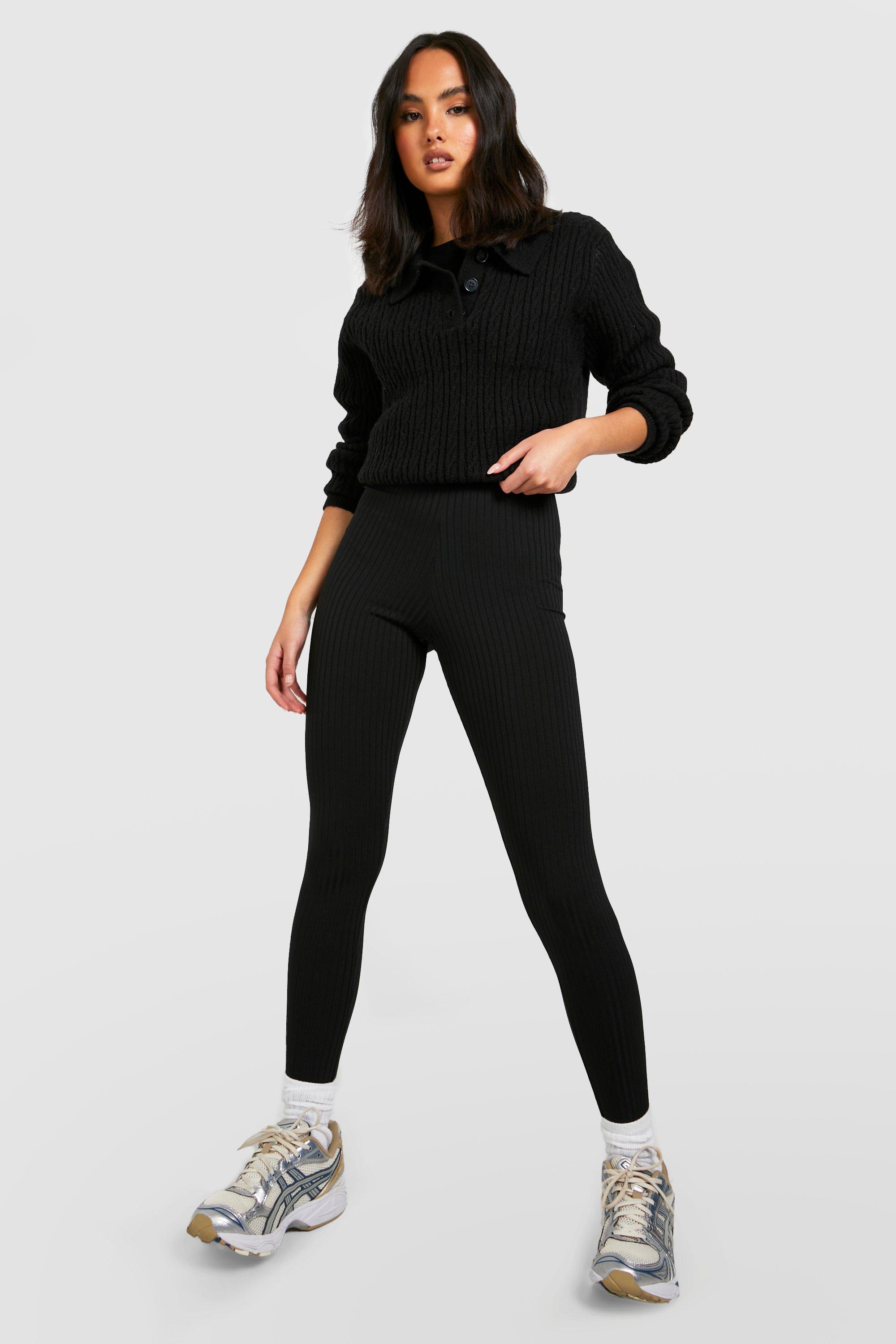 Black Thick Ribbed Mid Rise Basic Leggings