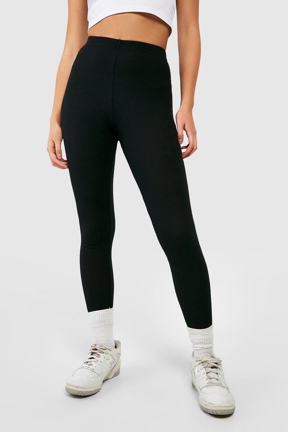 Black Ribbed Mid Rise Basic Leggings