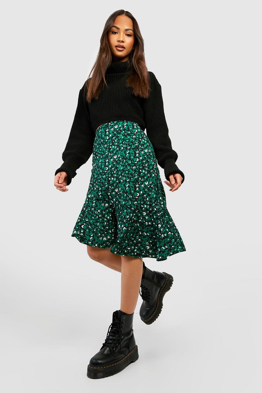 Green Animal Ruffle Hem Midi Skirt image number 1