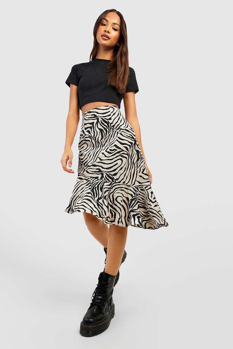 Zebra Animal Ruffle Hem Midi Skirt image number 1