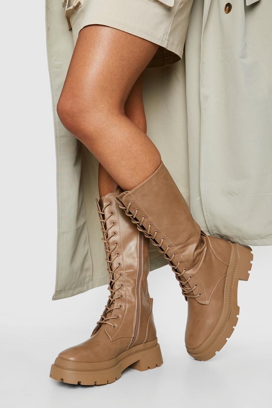 Mocha Knee High Lace Up Combat Boots image number 1