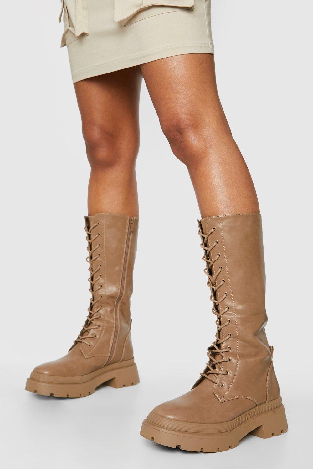 Tan lace up 2024 knee high boots