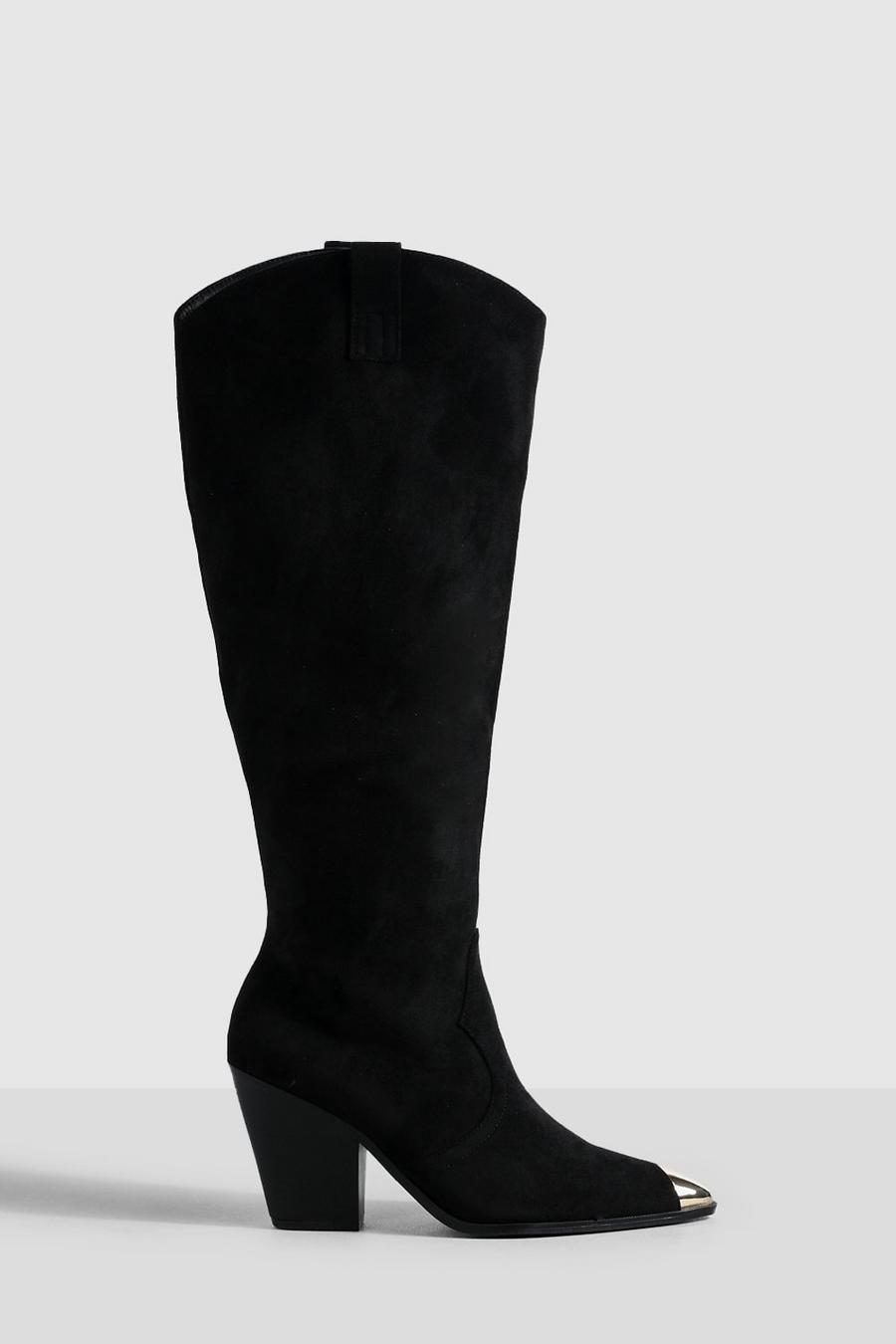 Black Knee High Toe Cap Pull On Western Cowboy Boots