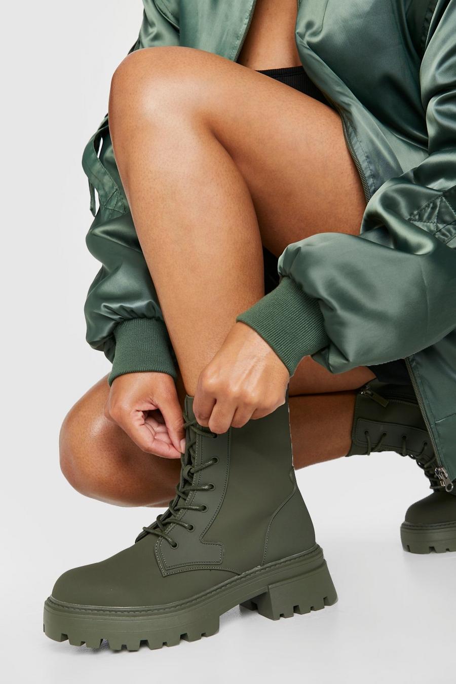 Khaki Rubber Panel Detail Lace Up Hiker Boots image number 1