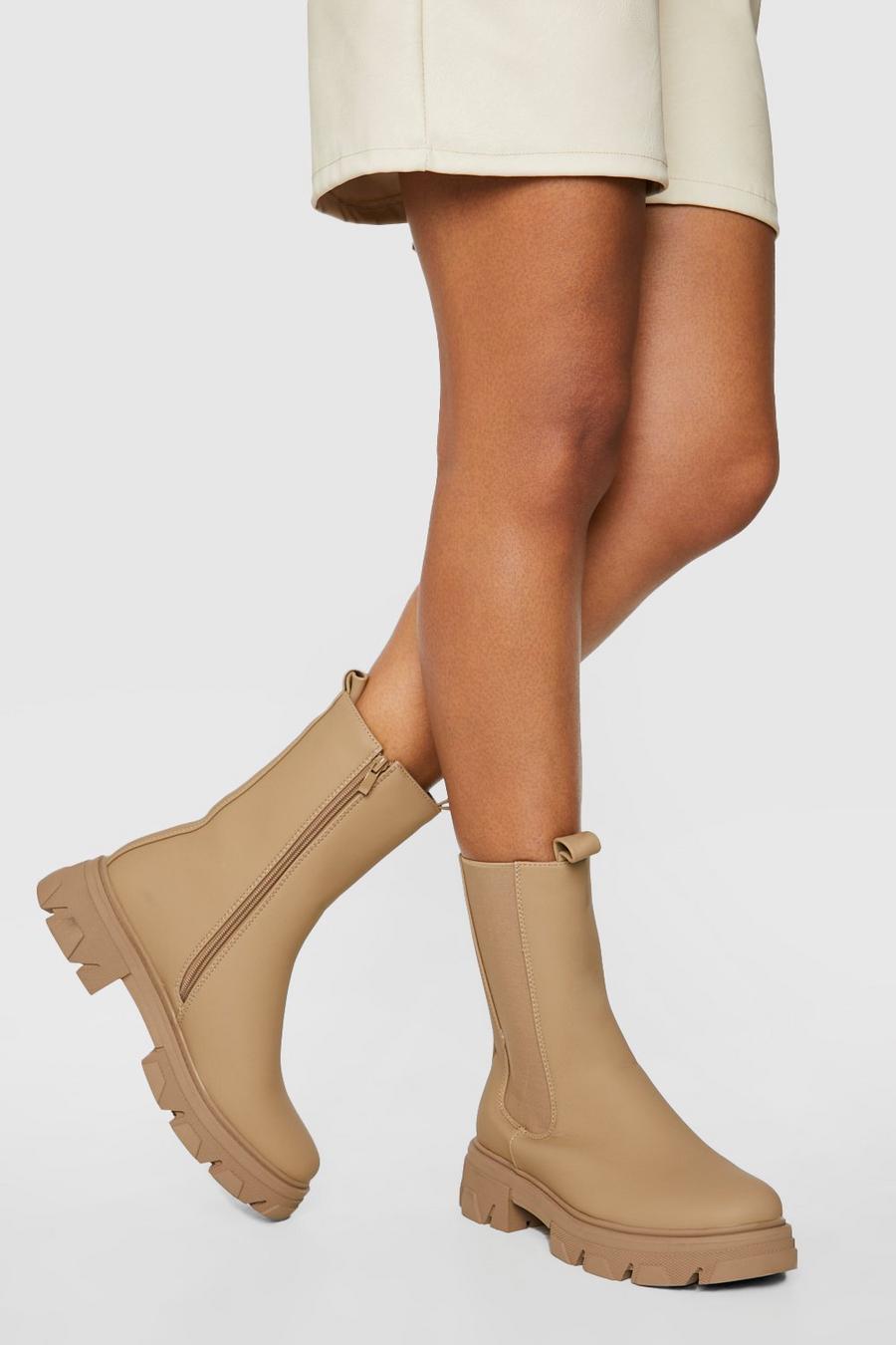 Sand beige Rubber Detail Calf Height Chelsea Boots image number 1