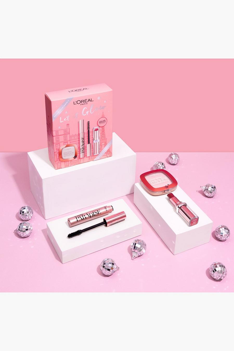 Pink L'Oreal Paris Let It Glow Lipstick, Mascara & Highlighting Powder Trio Geschenkset image number 1