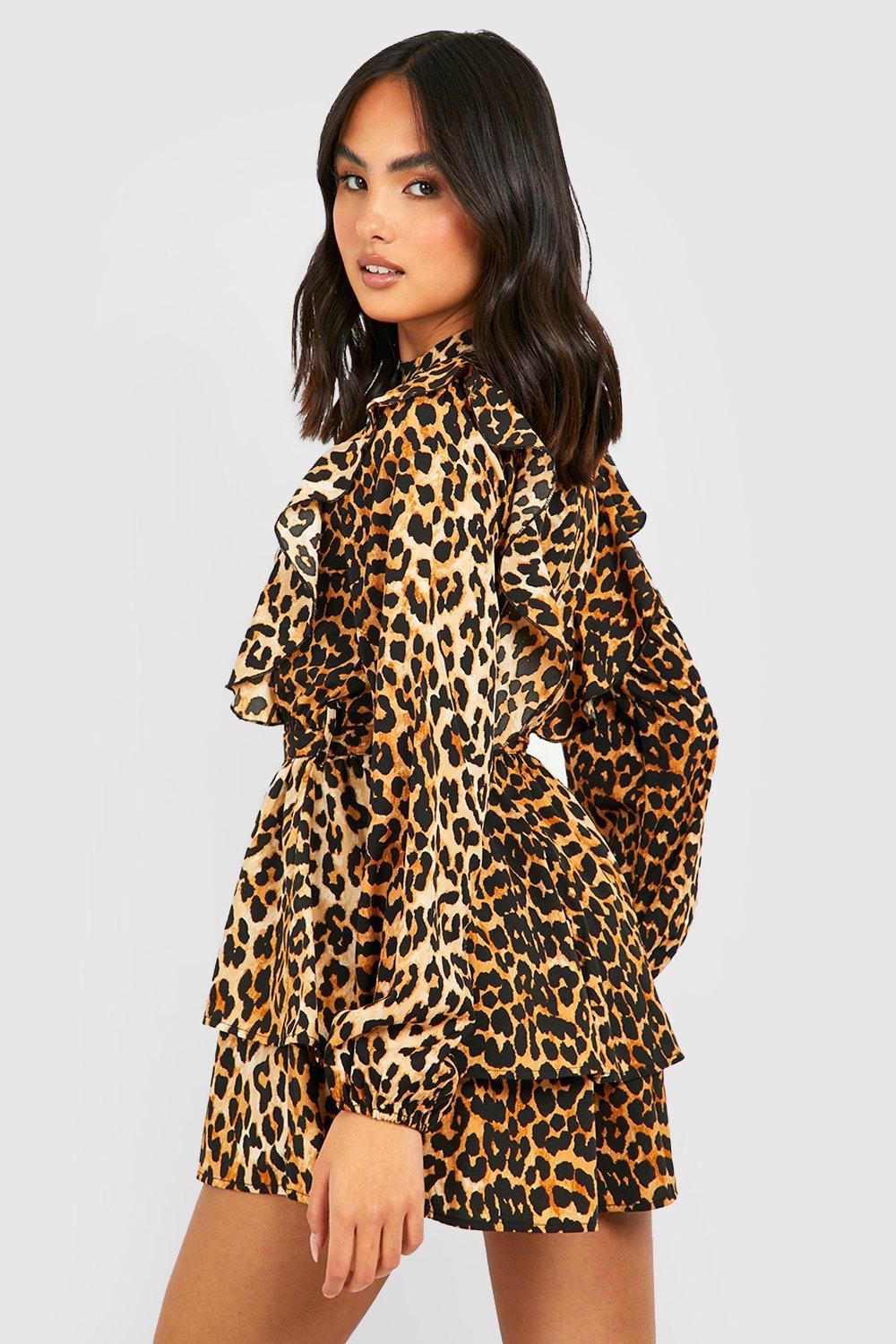 Long sleeve hot sale leopard print playsuit