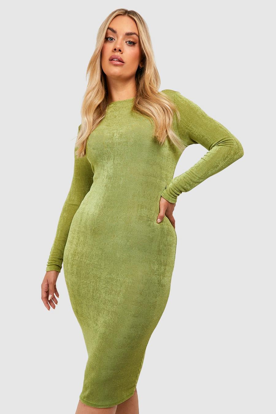 Olive green Plus Acetate Slinky Midi Dress image number 1