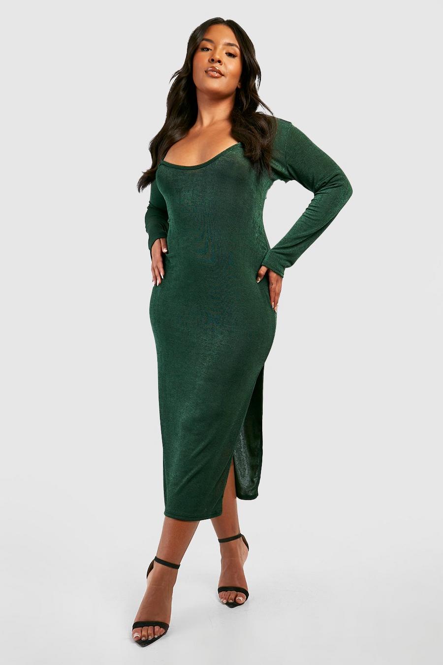 Emerald green Plus Acetate Slinky Plunge Midaxi Dress image number 1