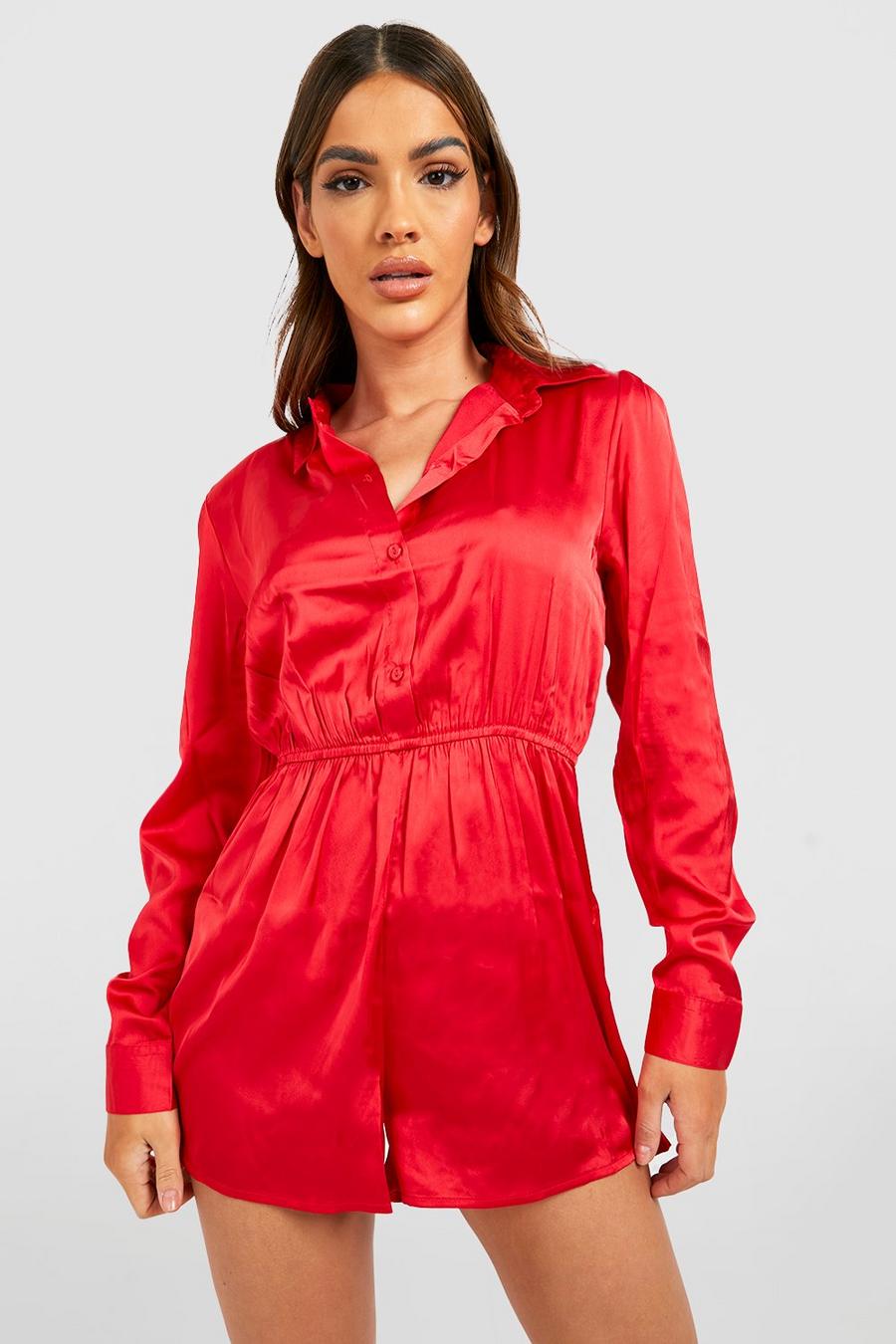 Red Satin Collared Playsuit image number 1