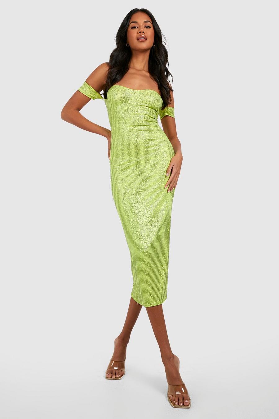 Lime gerde Shimmer Glitter Off The Shoulder Midaxi Dress