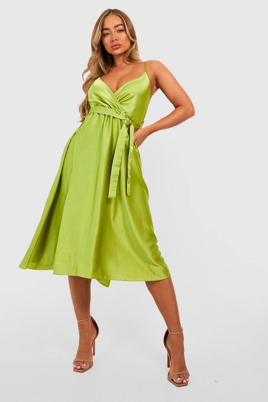 Chartreuse Satin Wrap Self Belted Maxi Dress image number 1