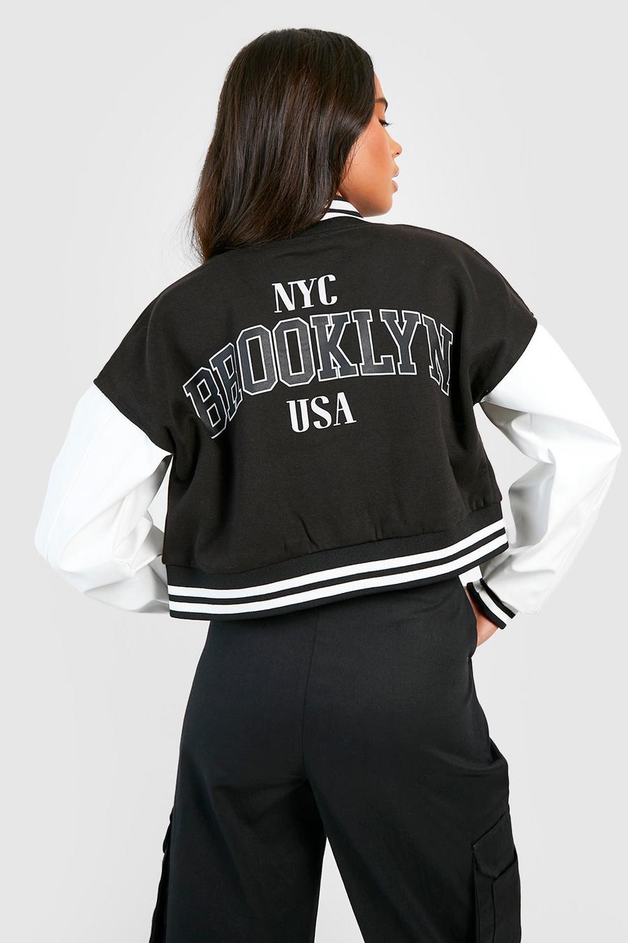 Black Petite Brooklyn Varsity Bomber image number 1