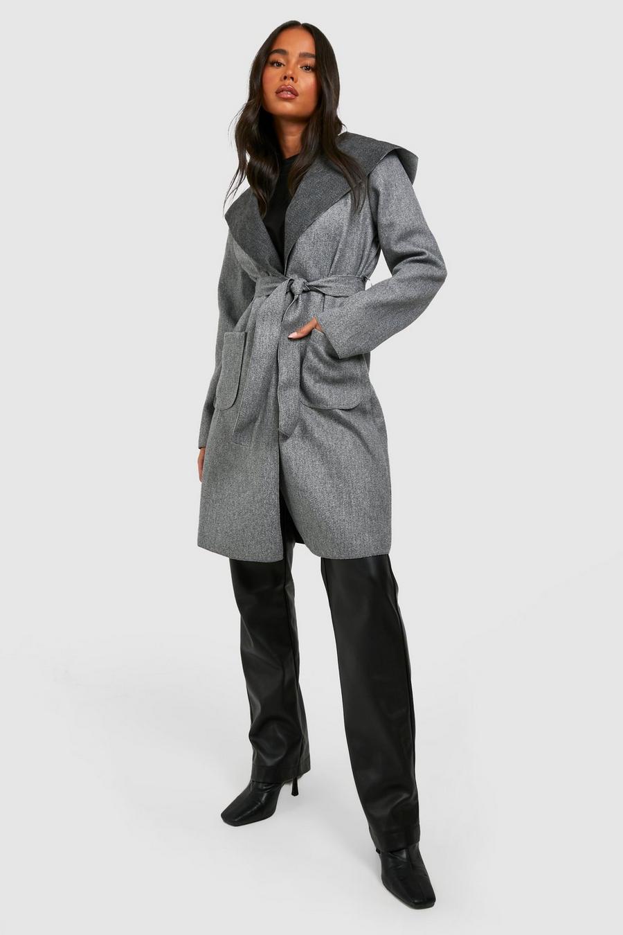 Grey Petite Hooded Wool Look Coat image number 1