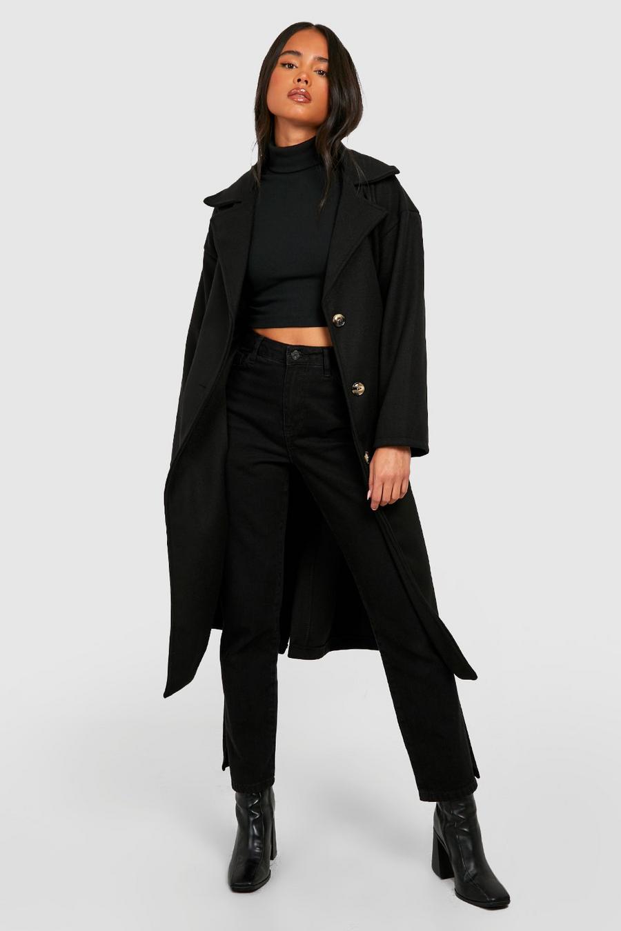 Black Petite Belted Button Through Wool Look Coat image number 1