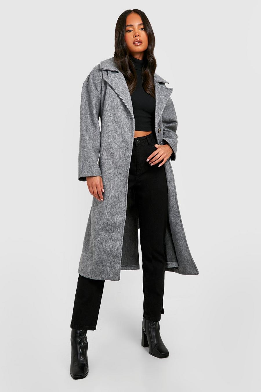 Grey Petite Belted Button Through Wool Look Coat image number 1